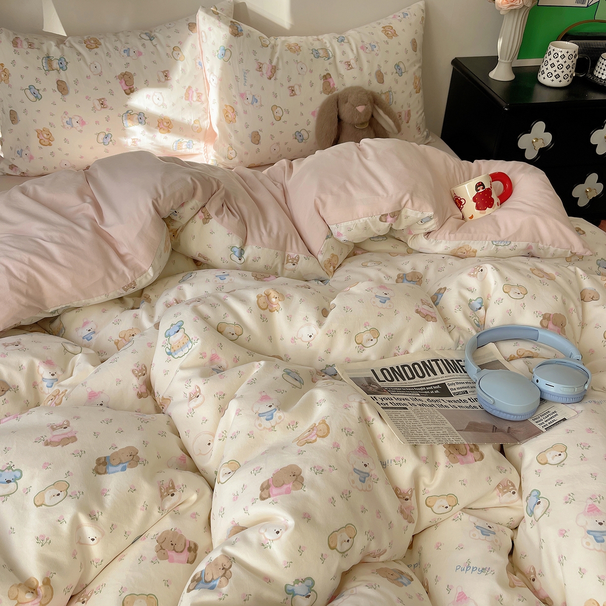 91家纺网 家纺一手货源 找家纺 沐芷 2026 【提供买家秀】A类软糯水洗棉四件套床上宿舍三件套床单被套 萌狗花花