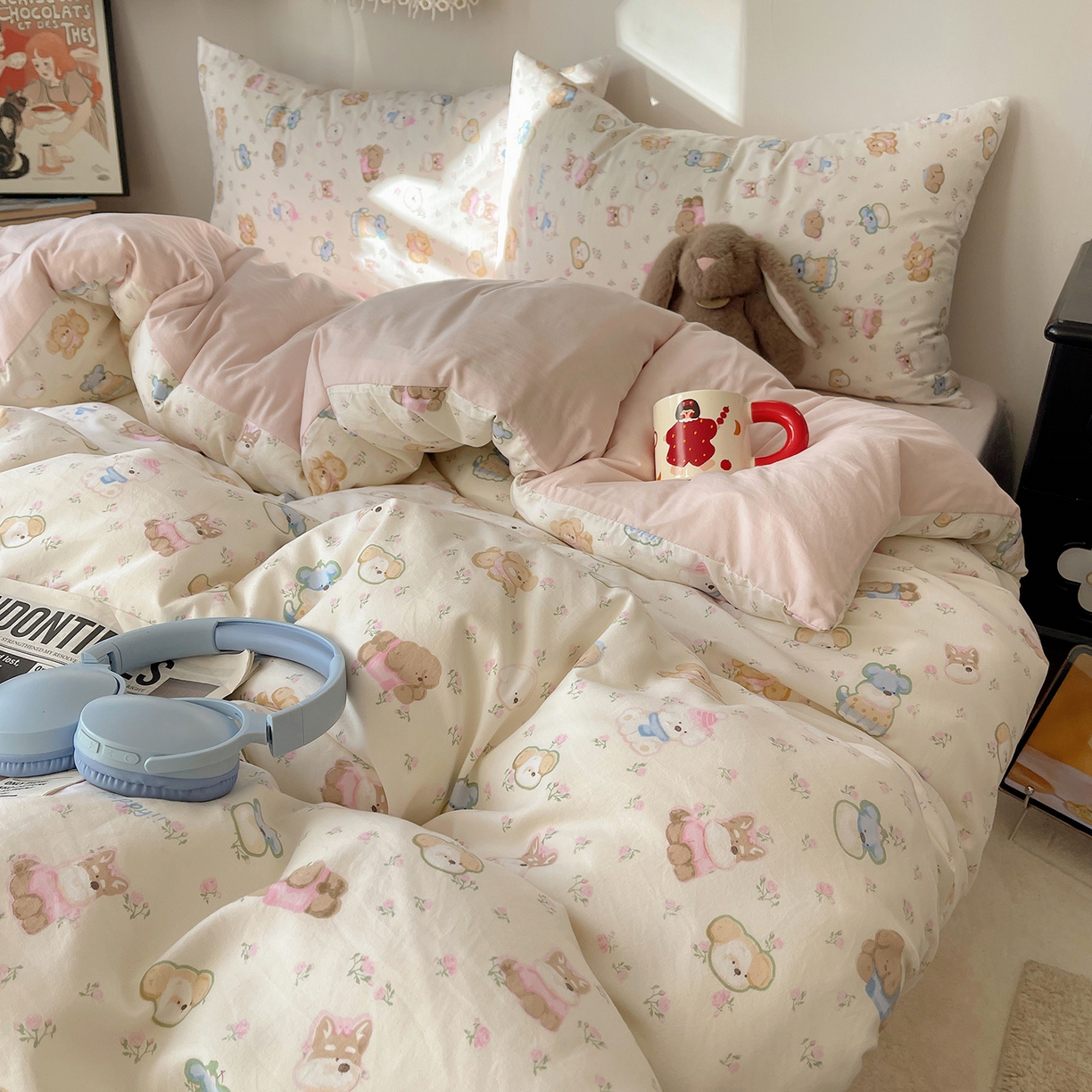 91家纺网 家纺一手货源 找家纺 沐芷 2026 【提供买家秀】A类软糯水洗棉四件套床上宿舍三件套床单被套 萌狗花花