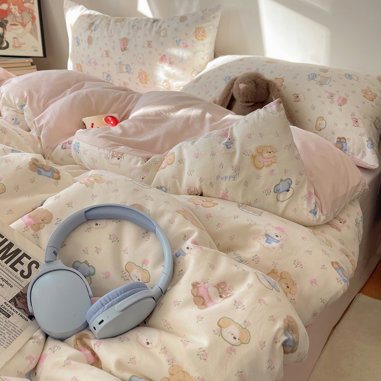 91家纺网 家纺一手货源 找家纺 沐芷 2026 【提供买家秀】A类软糯水洗棉四件套床上宿舍三件套床单被套 萌狗花花