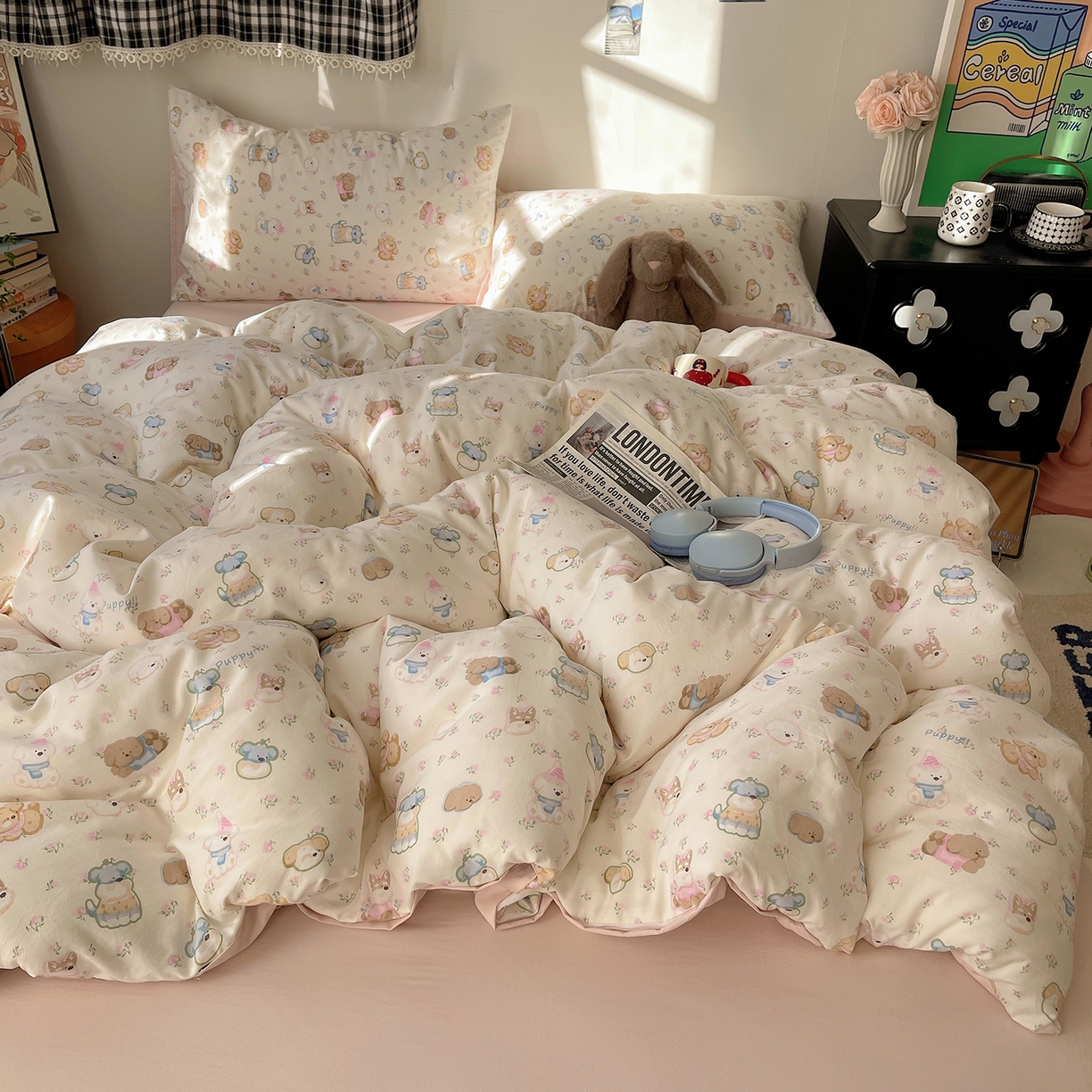 91家纺网 家纺一手货源 找家纺 沐芷 2026 【提供买家秀】A类软糯水洗棉四件套床上宿舍三件套床单被套 萌狗花花