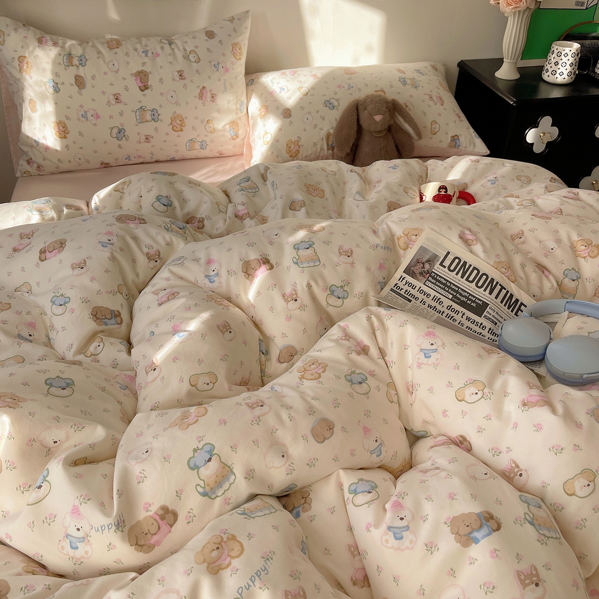 91家纺网 家纺一手货源 找家纺 沐芷 2026 【提供买家秀】A类软糯水洗棉四件套床上宿舍三件套床单被套 萌狗花花