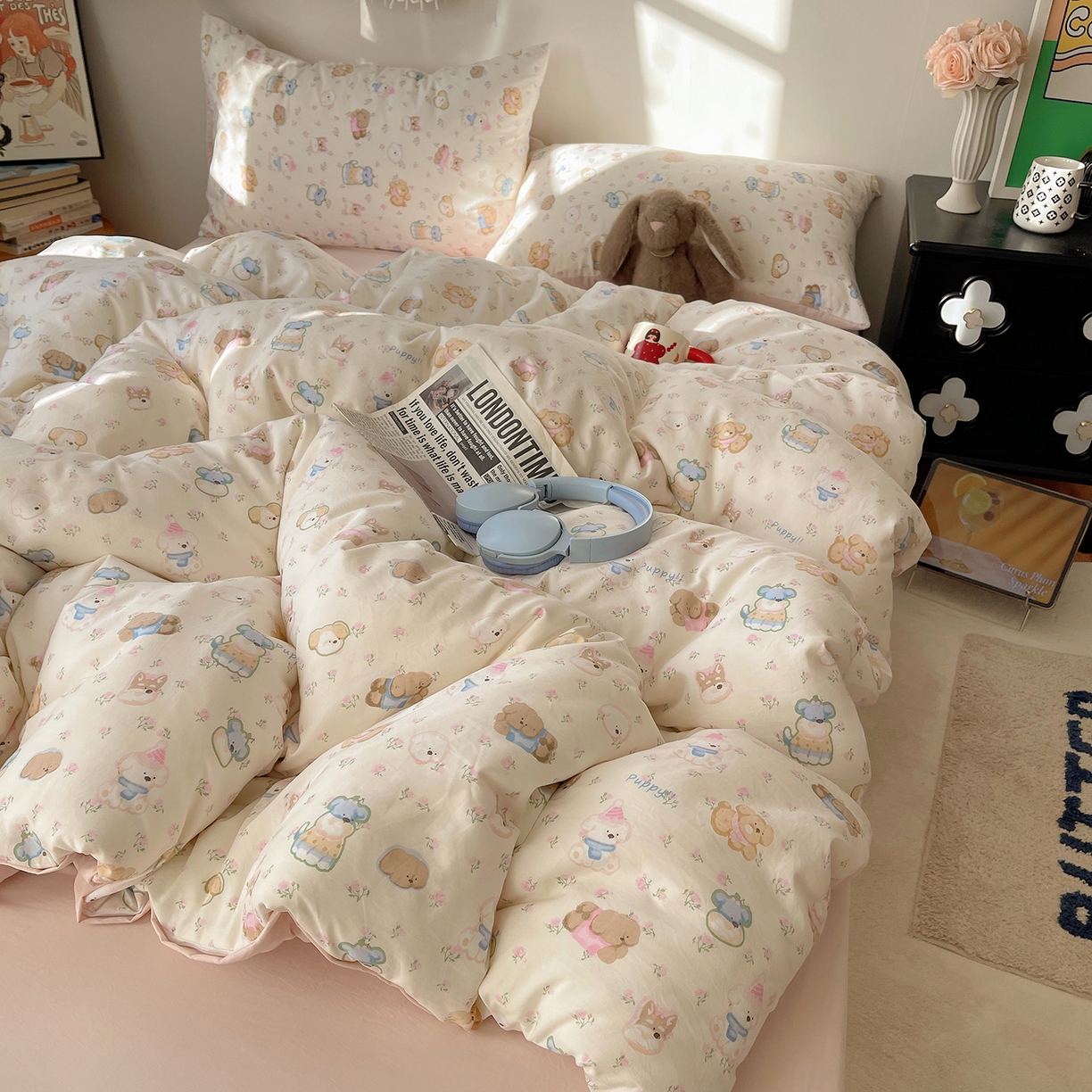 91家纺网 家纺一手货源 找家纺 沐芷 2026 【提供买家秀】A类软糯水洗棉四件套床上宿舍三件套床单被套 萌狗花花