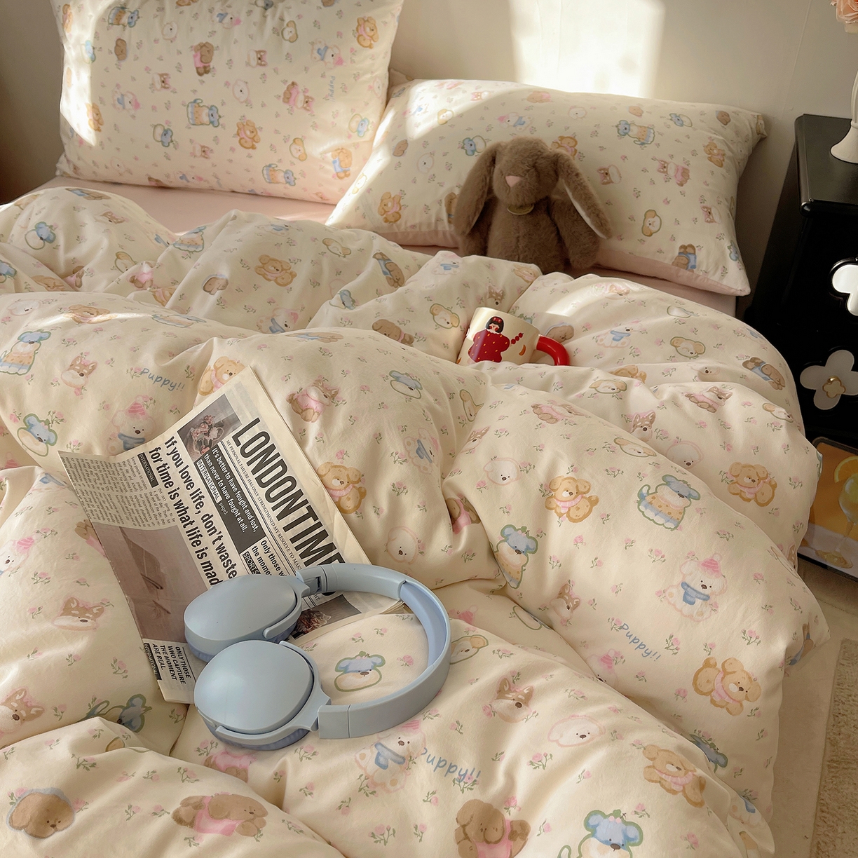 91家纺网 家纺一手货源 找家纺 沐芷 2026 【提供买家秀】A类软糯水洗棉四件套床上宿舍三件套床单被套 萌狗花花