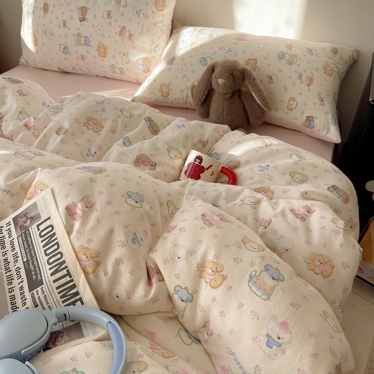 91家纺网 家纺一手货源 找家纺 沐芷 2026 【提供买家秀】A类软糯水洗棉四件套床上宿舍三件套床单被套 萌狗花花