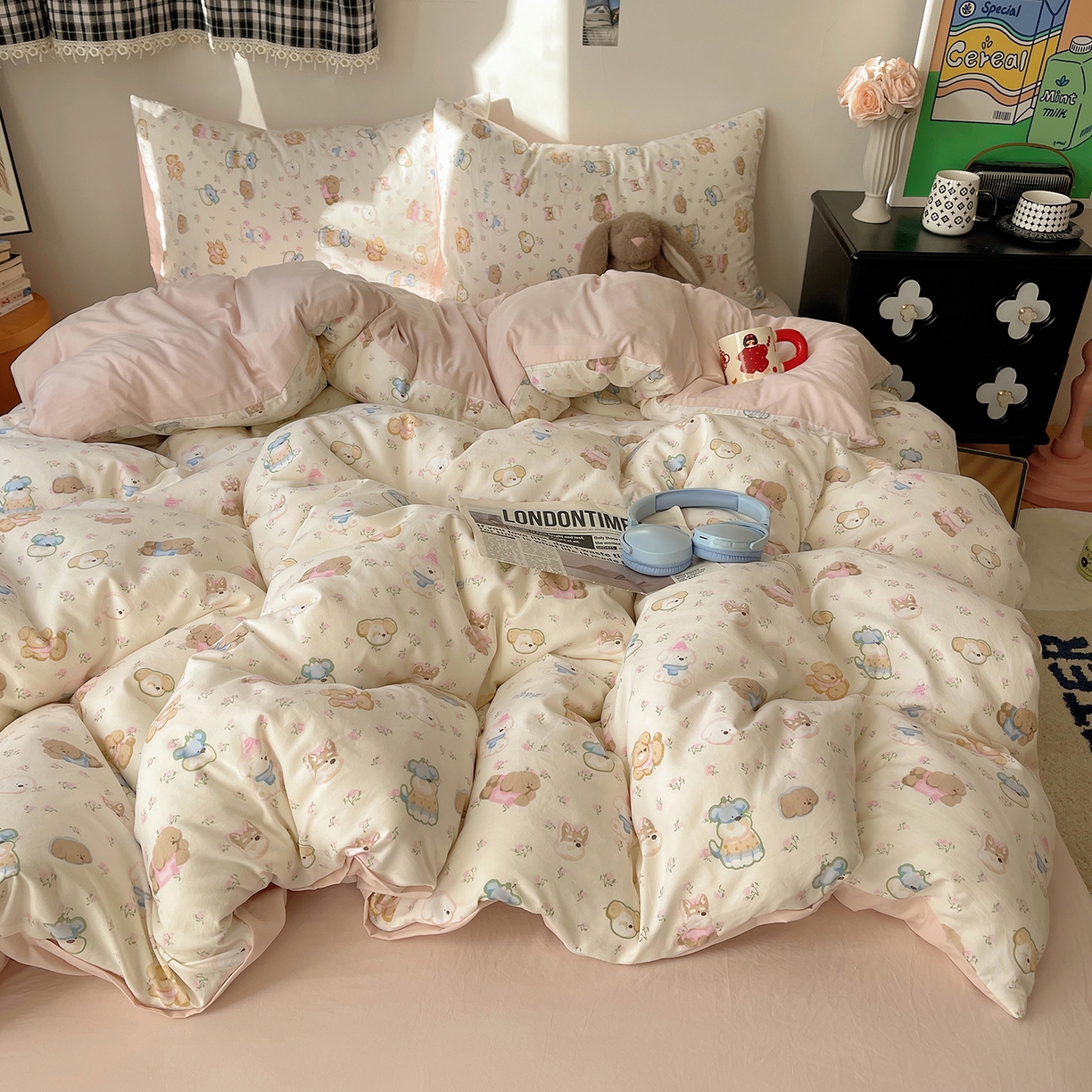 91家纺网 家纺一手货源 找家纺 沐芷 2026 【提供买家秀】A类软糯水洗棉四件套床上宿舍三件套床单被套 萌狗花花