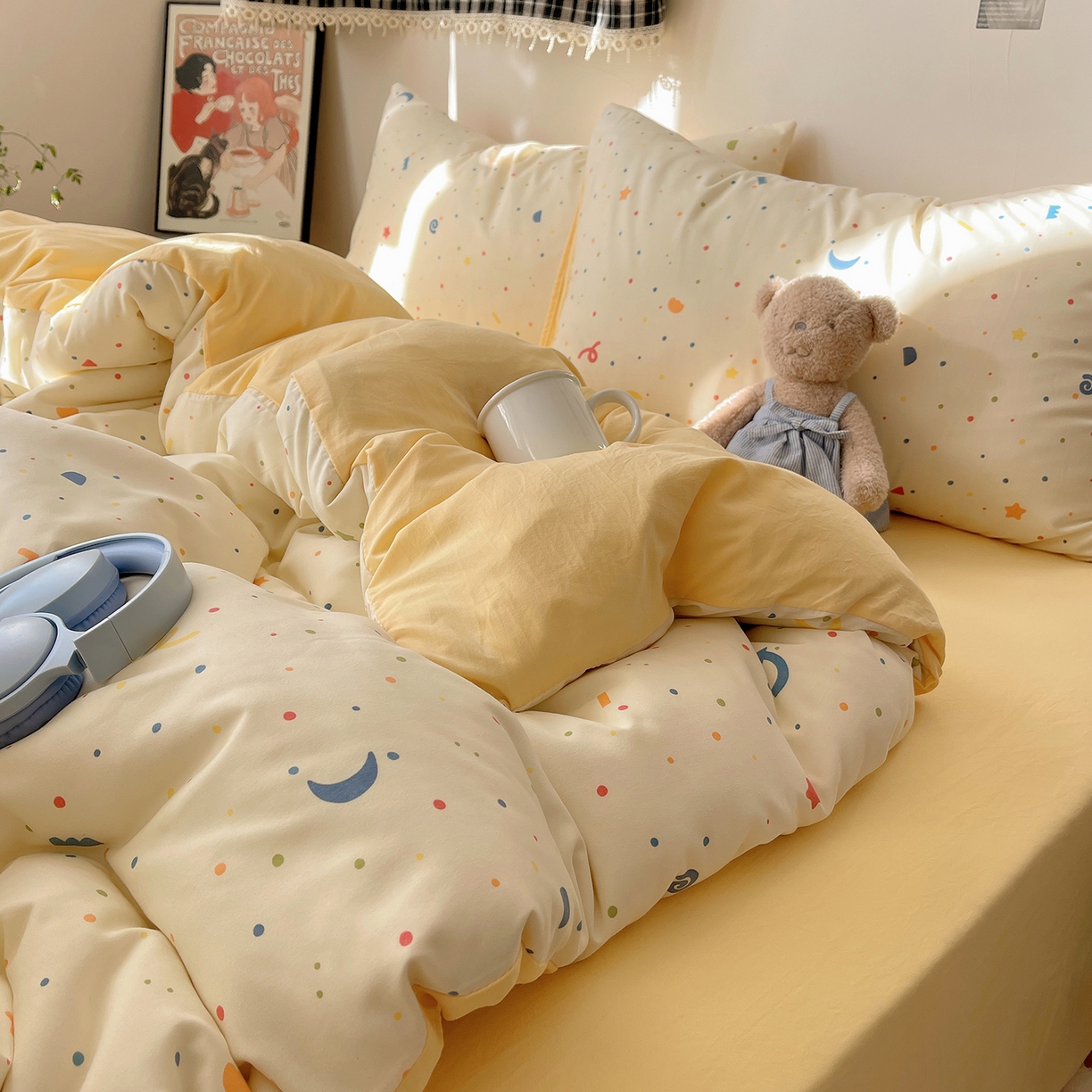 91家纺网 家纺一手货源 找家纺 沐芷 2026 【提供买家秀】A类软糯水洗棉四件套床上宿舍三件套床单被套 奶酪点点