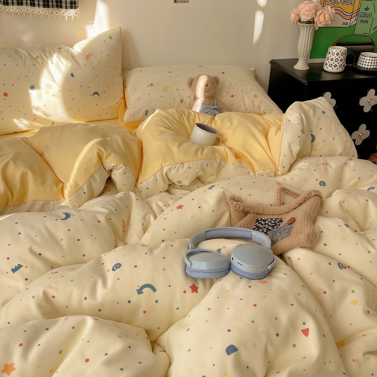 91家纺网 家纺一手货源 找家纺 沐芷 2026 【提供买家秀】A类软糯水洗棉四件套床上宿舍三件套床单被套 奶酪点点