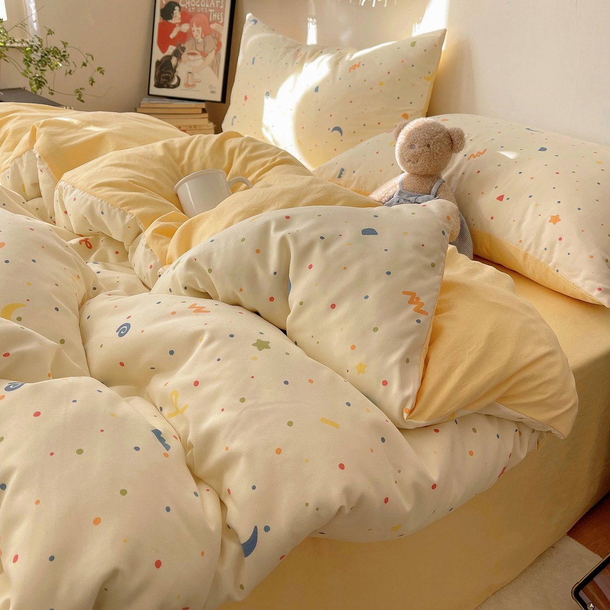 91家纺网 家纺一手货源 找家纺 沐芷 2026 【提供买家秀】A类软糯水洗棉四件套床上宿舍三件套床单被套 奶酪点点