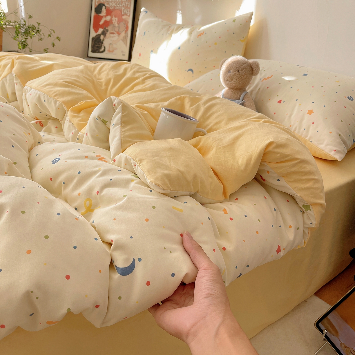 91家纺网 家纺一手货源 找家纺 沐芷 2026 【提供买家秀】A类软糯水洗棉四件套床上宿舍三件套床单被套 奶酪点点