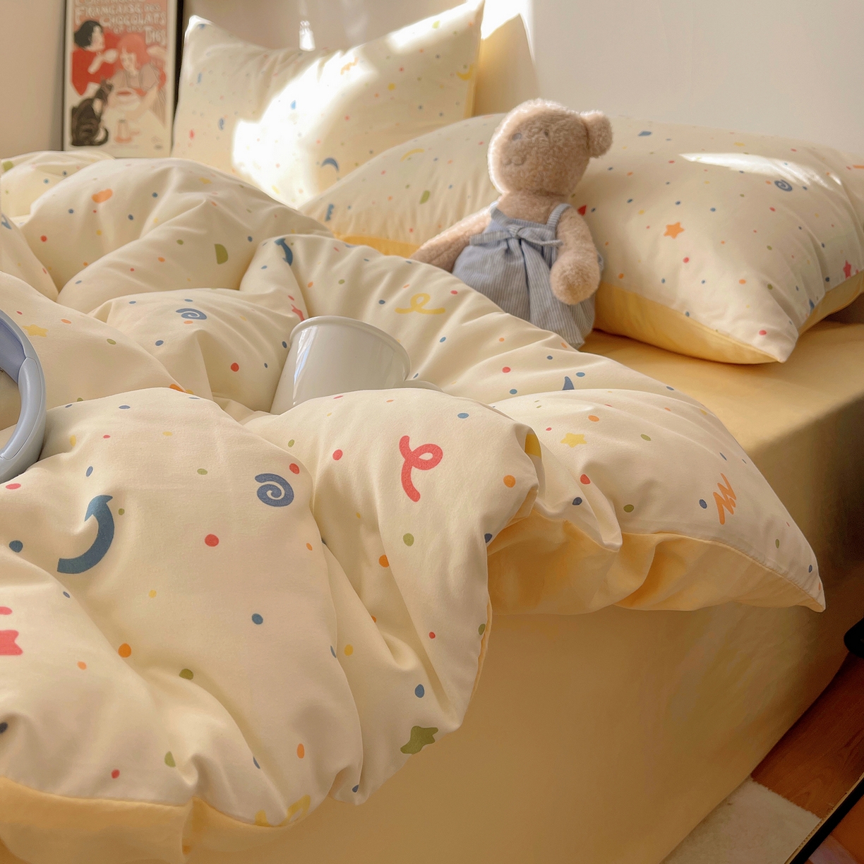 91家纺网 家纺一手货源 找家纺 沐芷 2026 【提供买家秀】A类软糯水洗棉四件套床上宿舍三件套床单被套 奶酪点点