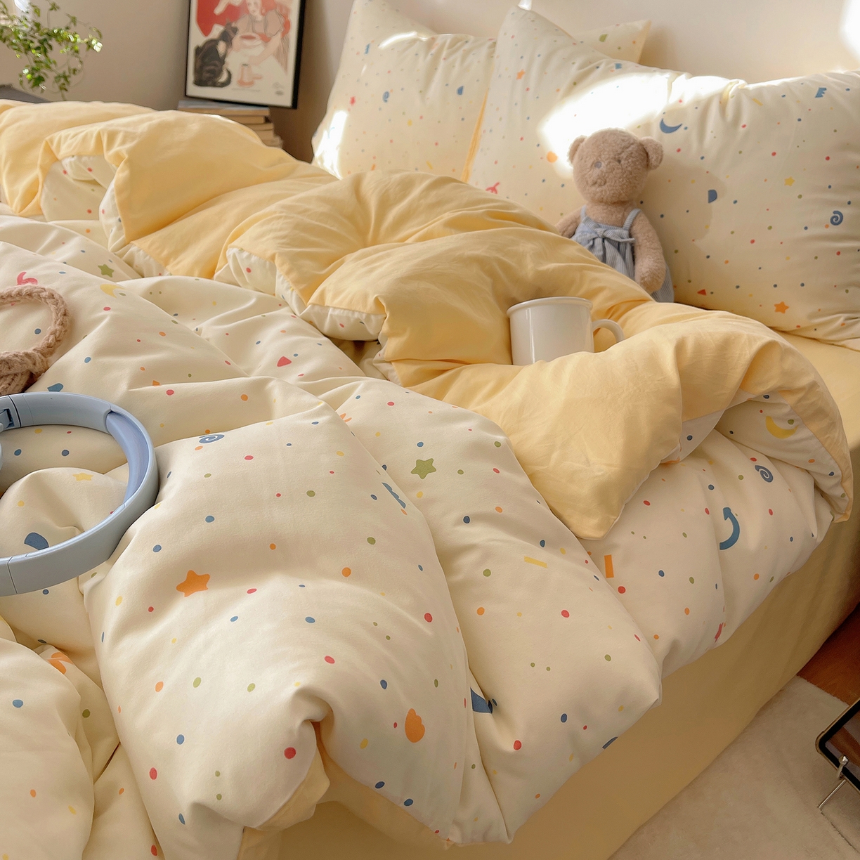 91家纺网 家纺一手货源 找家纺 沐芷 2026 【提供买家秀】A类软糯水洗棉四件套床上宿舍三件套床单被套 奶酪点点