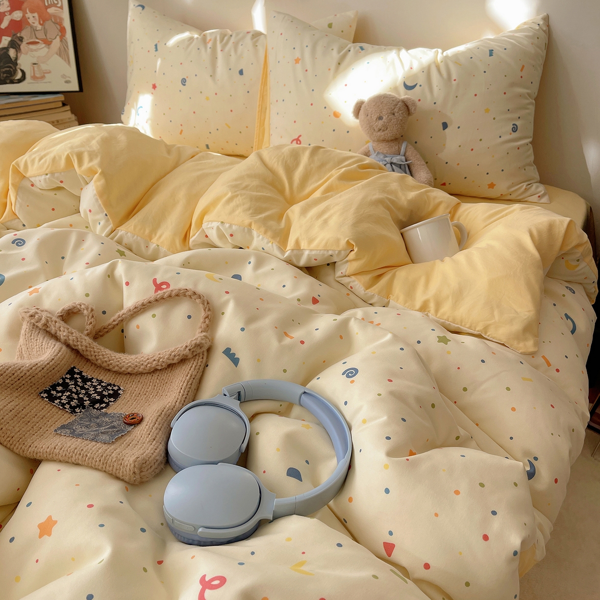 91家纺网 家纺一手货源 找家纺 沐芷 2026 【提供买家秀】A类软糯水洗棉四件套床上宿舍三件套床单被套 奶酪点点