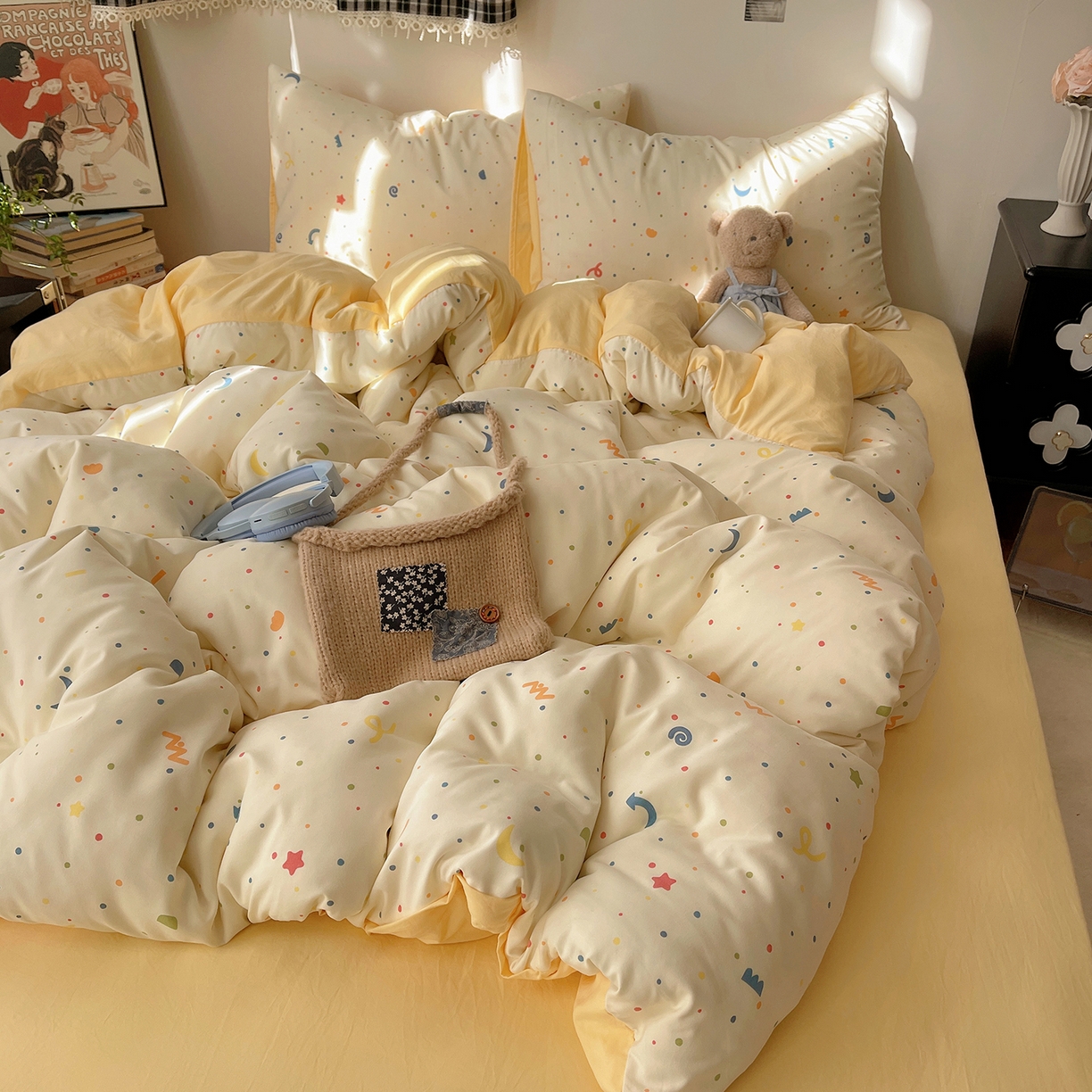 91家纺网 家纺一手货源 找家纺 沐芷 2026 【提供买家秀】A类软糯水洗棉四件套床上宿舍三件套床单被套 奶酪点点