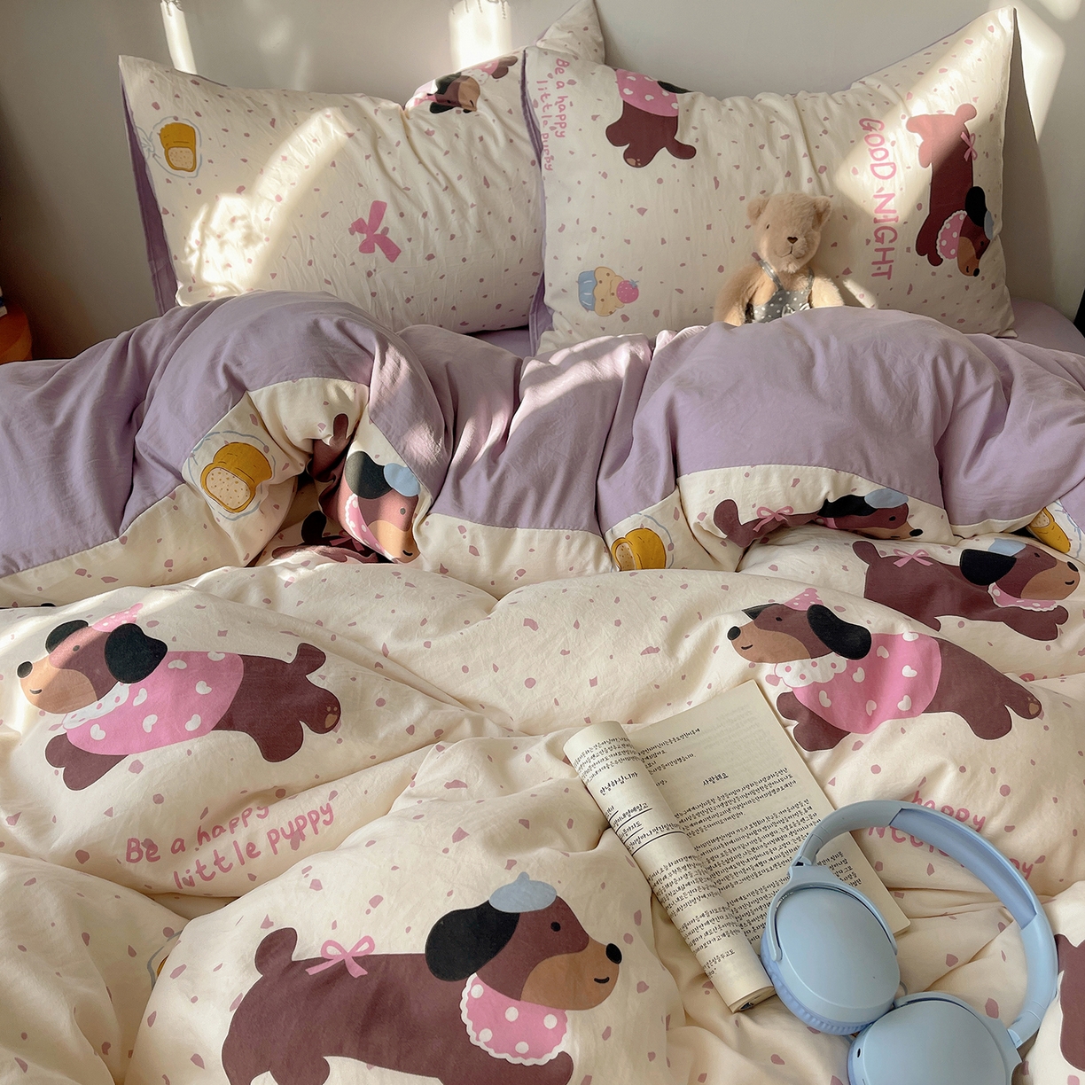 91家纺网 家纺一手货源 找家纺 沐芷 2026 【提供买家秀】A类软糯水洗棉四件套床上宿舍三件套床单被套 香芋紫狗