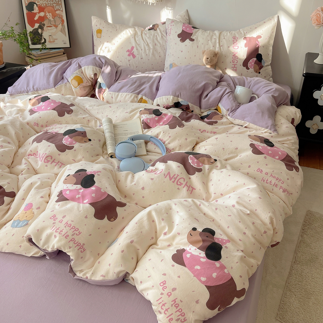 91家纺网 家纺一手货源 找家纺 沐芷 2026 【提供买家秀】A类软糯水洗棉四件套床上宿舍三件套床单被套 香芋紫狗