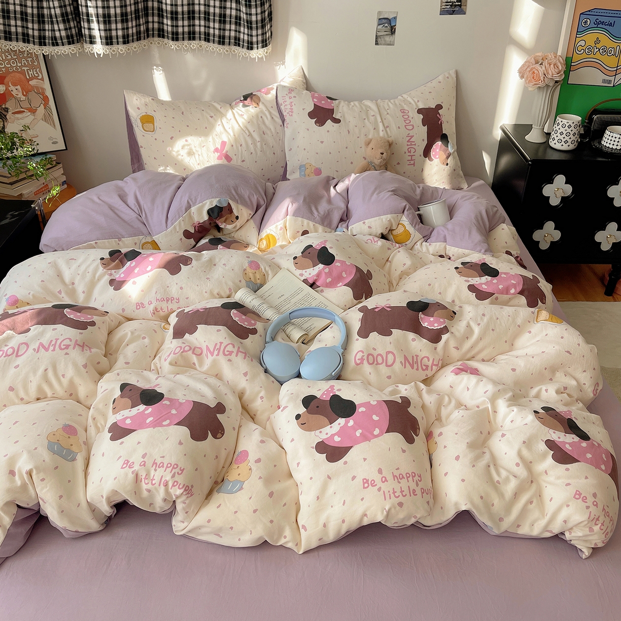 91家纺网 家纺一手货源 找家纺 沐芷 2026 【提供买家秀】A类软糯水洗棉四件套床上宿舍三件套床单被套 香芋紫狗