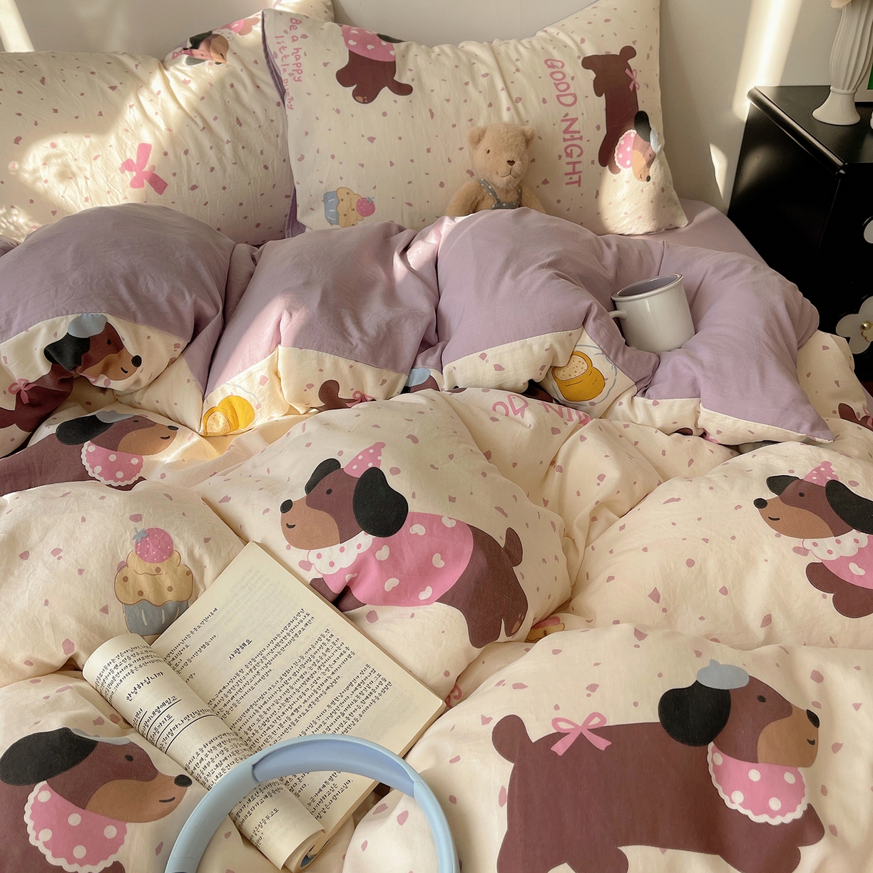 91家纺网 家纺一手货源 找家纺 沐芷 2026 【提供买家秀】A类软糯水洗棉四件套床上宿舍三件套床单被套 香芋紫狗