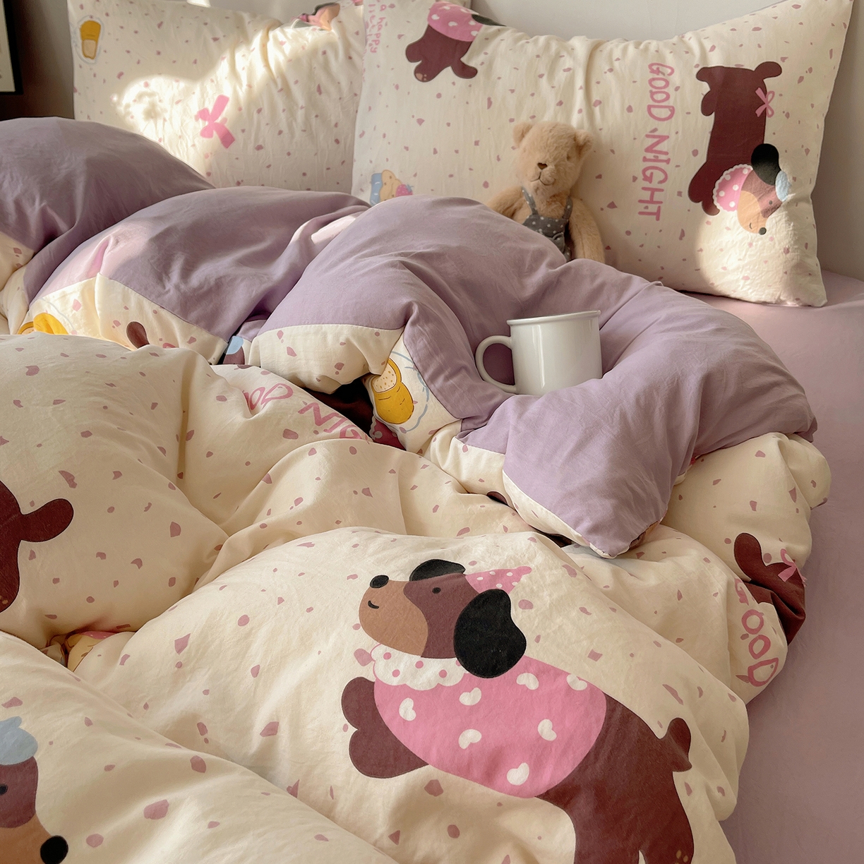 91家纺网 家纺一手货源 找家纺 沐芷 2026 【提供买家秀】A类软糯水洗棉四件套床上宿舍三件套床单被套 香芋紫狗