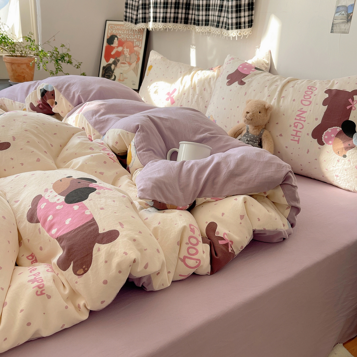 91家纺网 家纺一手货源 找家纺 沐芷 2026 【提供买家秀】A类软糯水洗棉四件套床上宿舍三件套床单被套 香芋紫狗