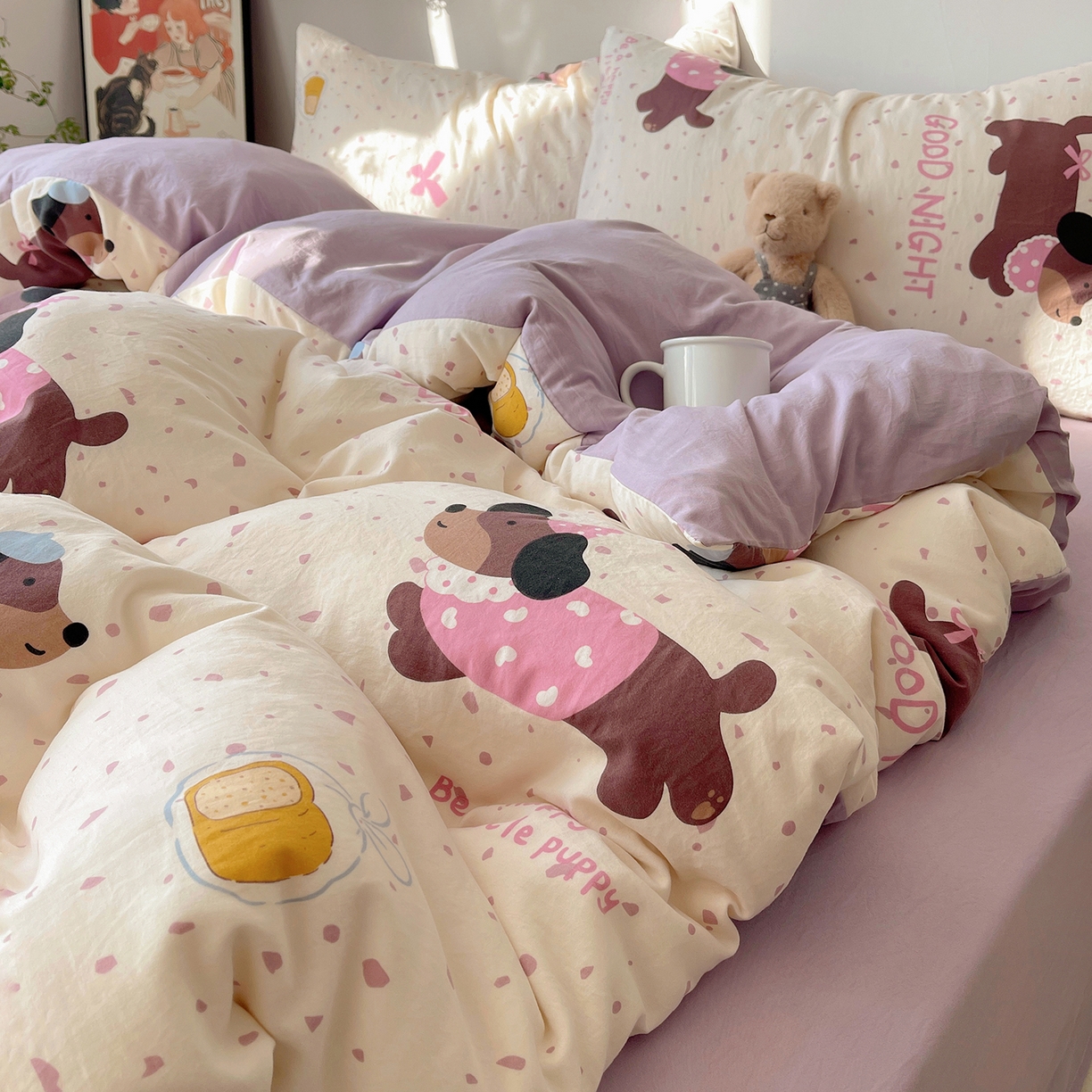 91家纺网 家纺一手货源 找家纺 沐芷 2026 【提供买家秀】A类软糯水洗棉四件套床上宿舍三件套床单被套 香芋紫狗