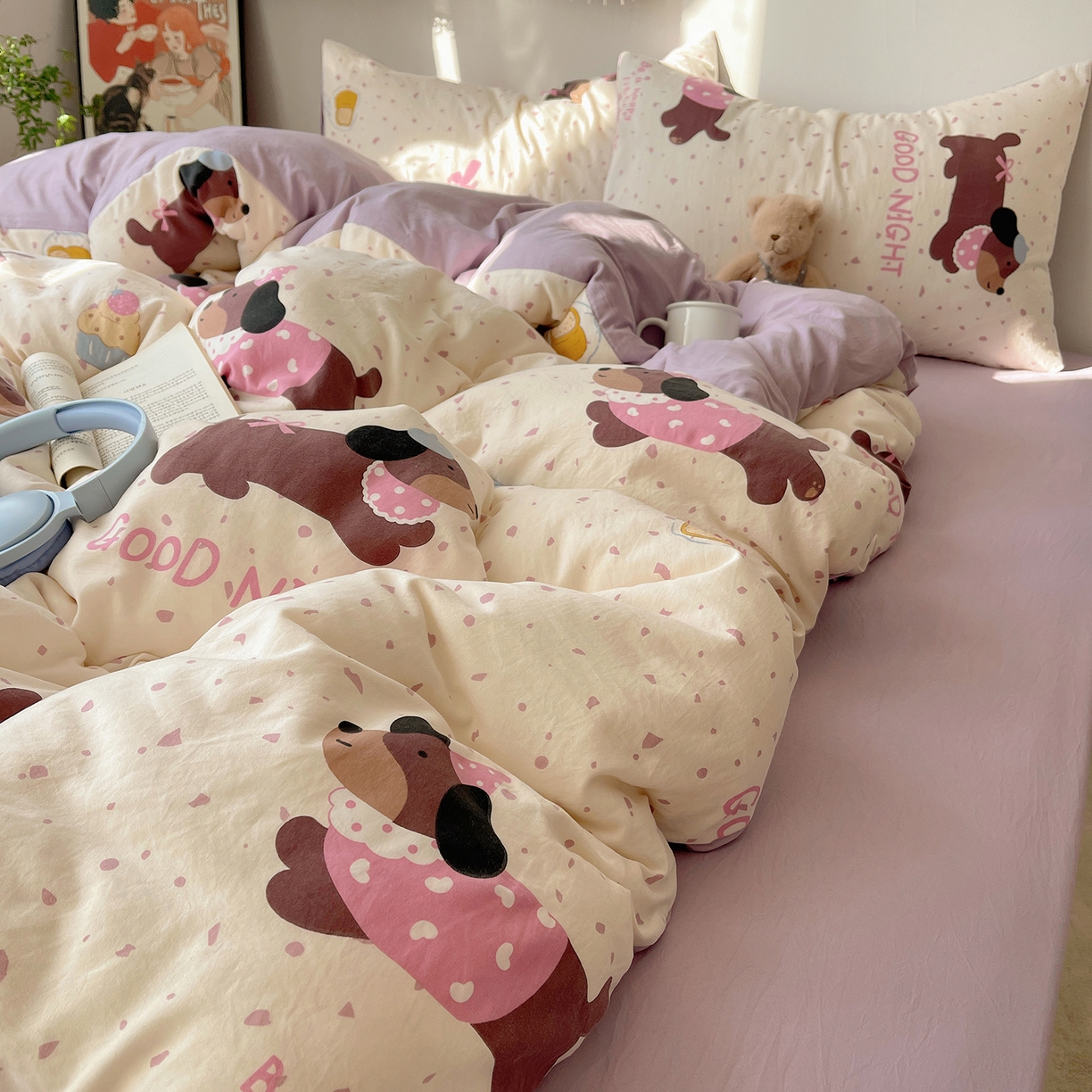 91家纺网 家纺一手货源 找家纺 沐芷 2026 【提供买家秀】A类软糯水洗棉四件套床上宿舍三件套床单被套 香芋紫狗