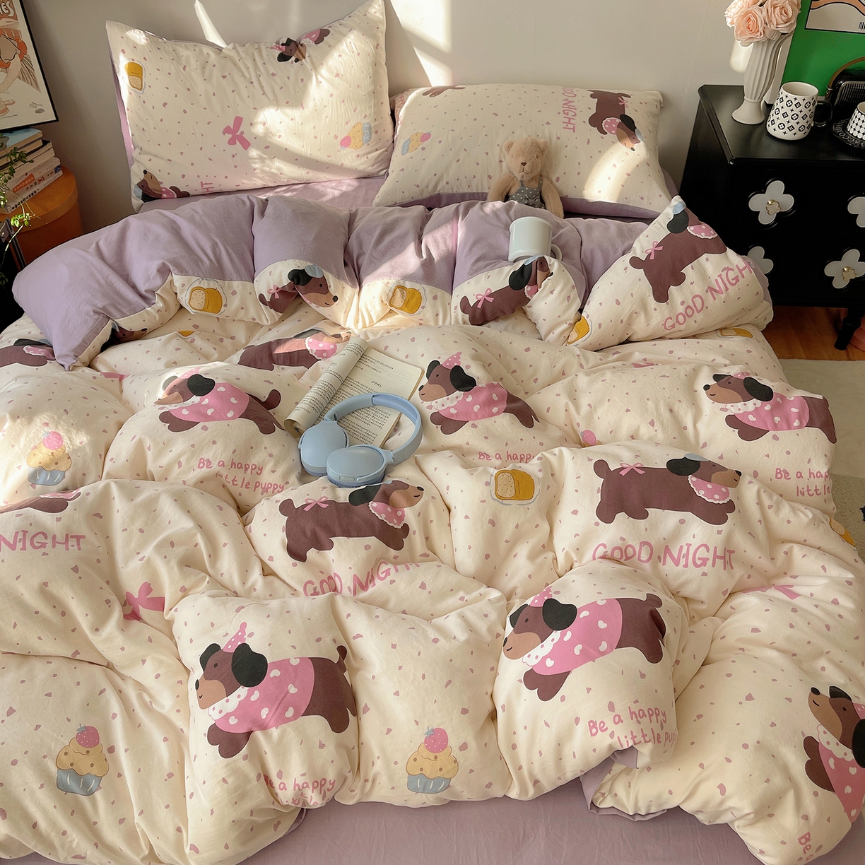 91家纺网 家纺一手货源 找家纺 沐芷 2026 【提供买家秀】A类软糯水洗棉四件套床上宿舍三件套床单被套 香芋紫狗