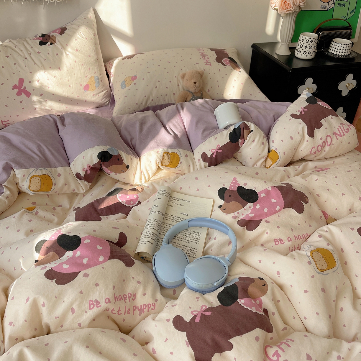 91家纺网 家纺一手货源 找家纺 沐芷 2026 【提供买家秀】A类软糯水洗棉四件套床上宿舍三件套床单被套 香芋紫狗