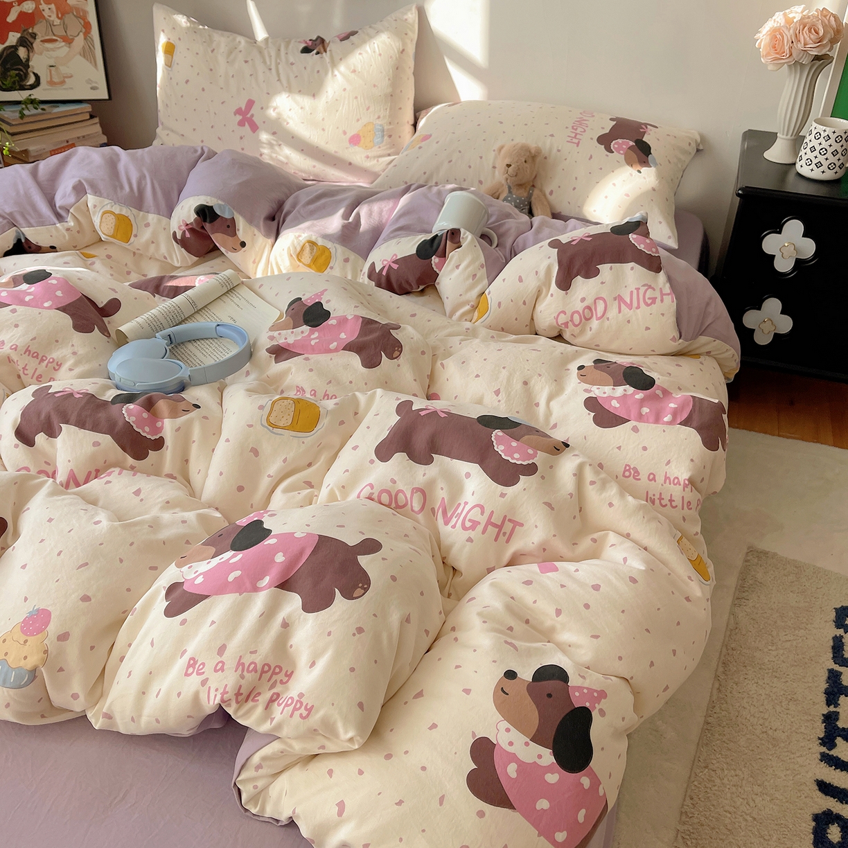 91家纺网 家纺一手货源 找家纺 沐芷 2026 【提供买家秀】A类软糯水洗棉四件套床上宿舍三件套床单被套 香芋紫狗