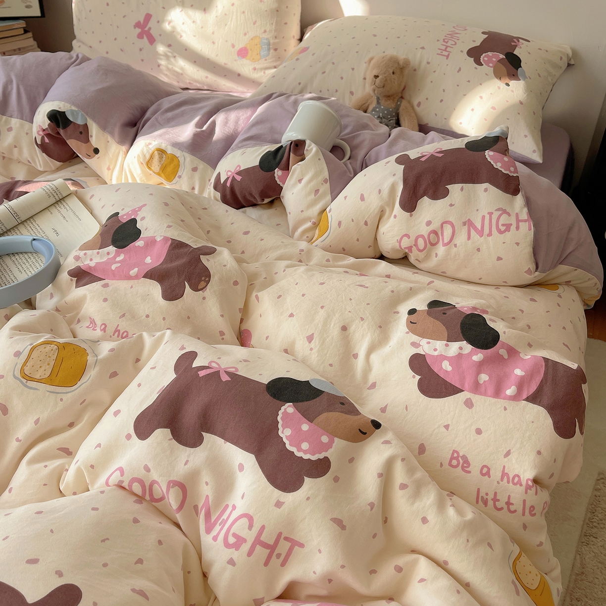 91家纺网 家纺一手货源 找家纺 沐芷 2026 【提供买家秀】A类软糯水洗棉四件套床上宿舍三件套床单被套 香芋紫狗