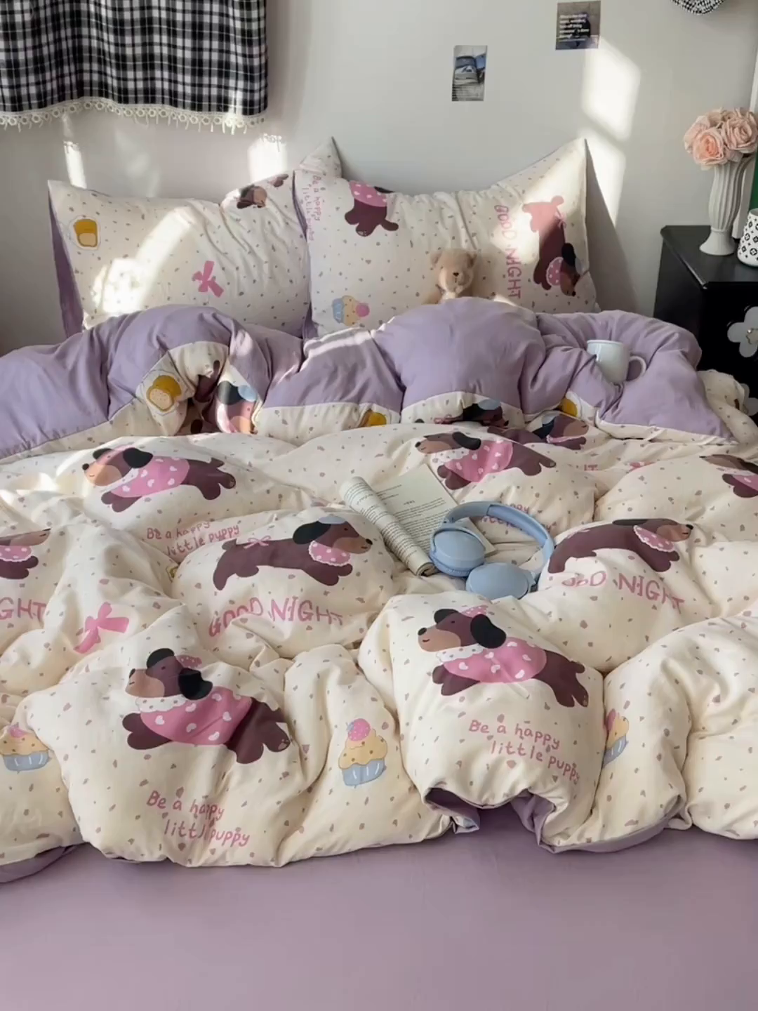 91家纺网 家纺一手货源 找家纺 沐芷 2026 【提供买家秀】A类软糯水洗棉四件套床上宿舍三件套床单被套 香芋紫狗