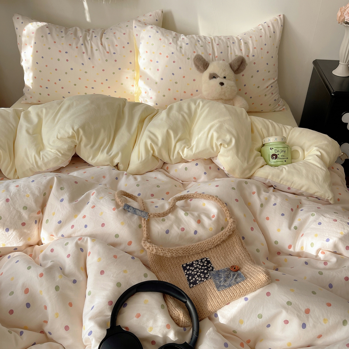 91家纺网 家纺一手货源 找家纺 沐芷 2026 【提供买家秀】A类软糯水洗棉四件套床上宿舍三件套床单被套 圆波点