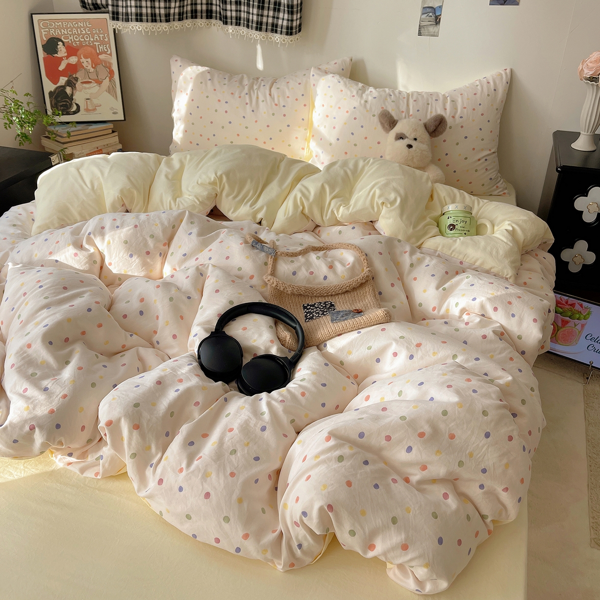 91家纺网 家纺一手货源 找家纺 沐芷 2026 【提供买家秀】A类软糯水洗棉四件套床上宿舍三件套床单被套 圆波点