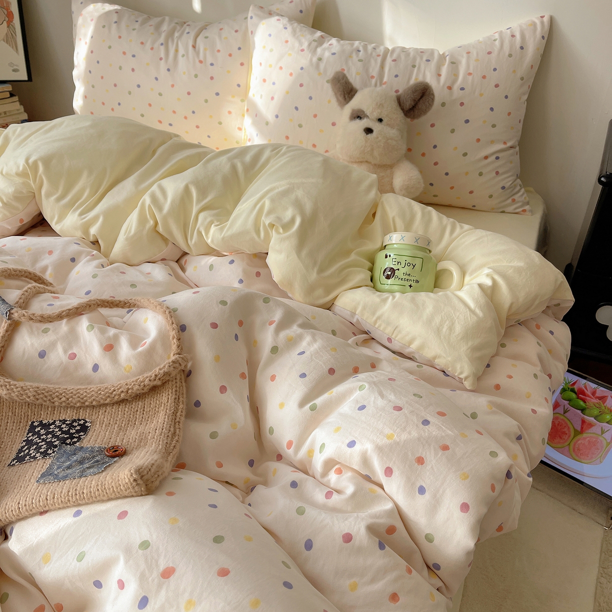 91家纺网 家纺一手货源 找家纺 沐芷 2026 【提供买家秀】A类软糯水洗棉四件套床上宿舍三件套床单被套 圆波点