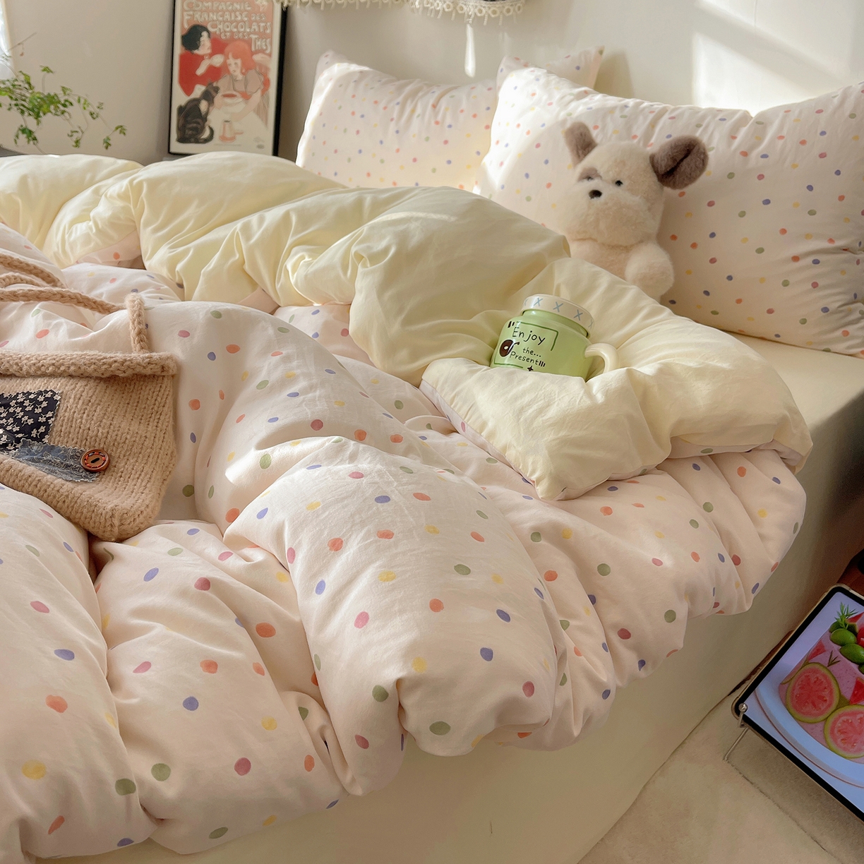 91家纺网 家纺一手货源 找家纺 沐芷 2026 【提供买家秀】A类软糯水洗棉四件套床上宿舍三件套床单被套 圆波点