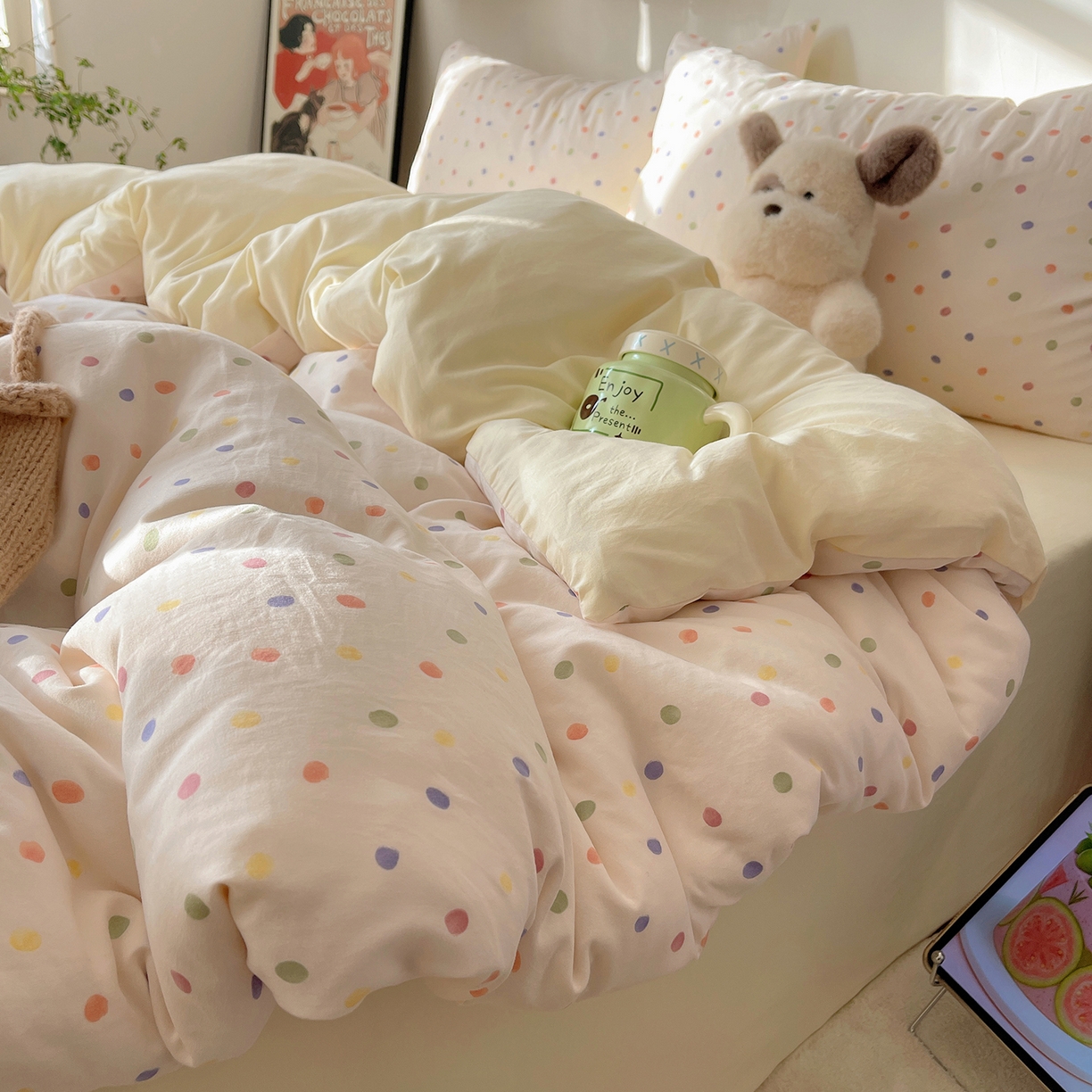 91家纺网 家纺一手货源 找家纺 沐芷 2026 【提供买家秀】A类软糯水洗棉四件套床上宿舍三件套床单被套 圆波点