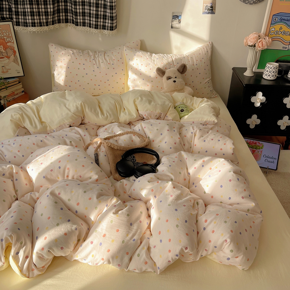 91家纺网 家纺一手货源 找家纺 沐芷 2026 【提供买家秀】A类软糯水洗棉四件套床上宿舍三件套床单被套 圆波点