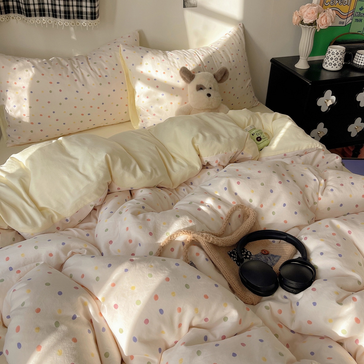 91家纺网 家纺一手货源 找家纺 沐芷 2026 【提供买家秀】A类软糯水洗棉四件套床上宿舍三件套床单被套 圆波点