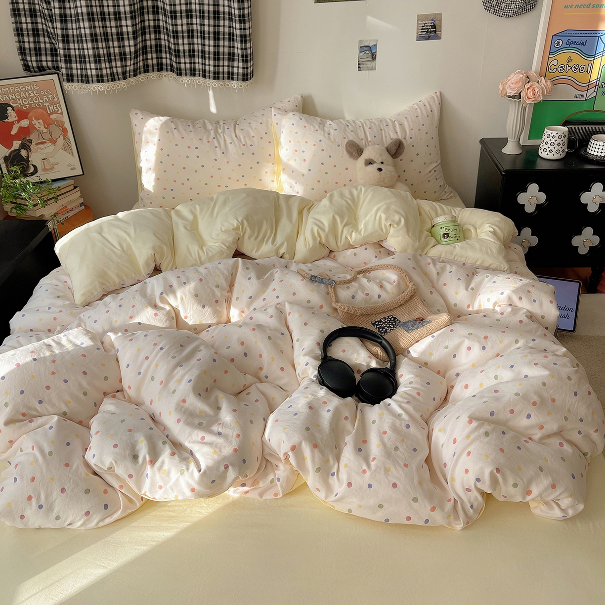 91家纺网 家纺一手货源 找家纺 沐芷 2026 【提供买家秀】A类软糯水洗棉四件套床上宿舍三件套床单被套 圆波点