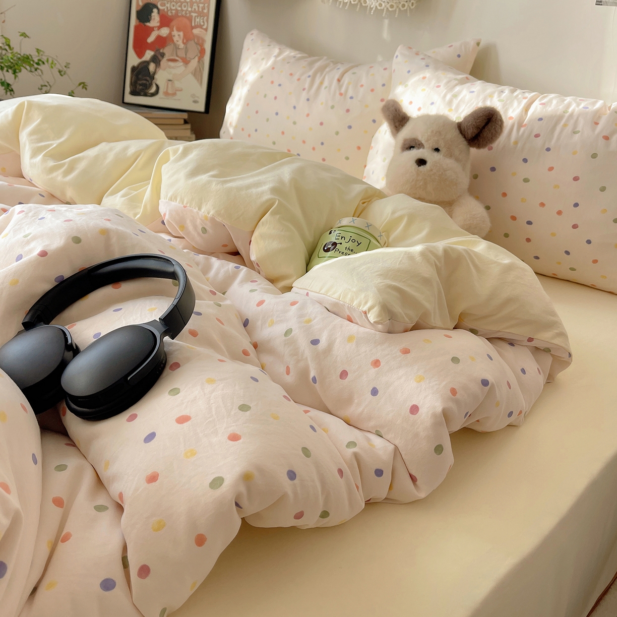 91家纺网 家纺一手货源 找家纺 沐芷 2026 【提供买家秀】A类软糯水洗棉四件套床上宿舍三件套床单被套 圆波点