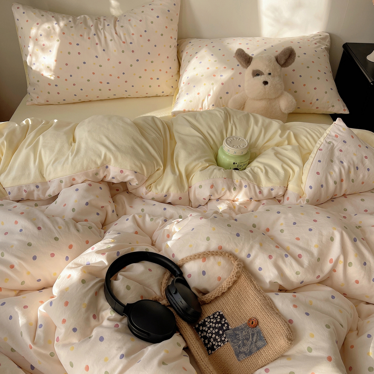 91家纺网 家纺一手货源 找家纺 沐芷 2026 【提供买家秀】A类软糯水洗棉四件套床上宿舍三件套床单被套 圆波点