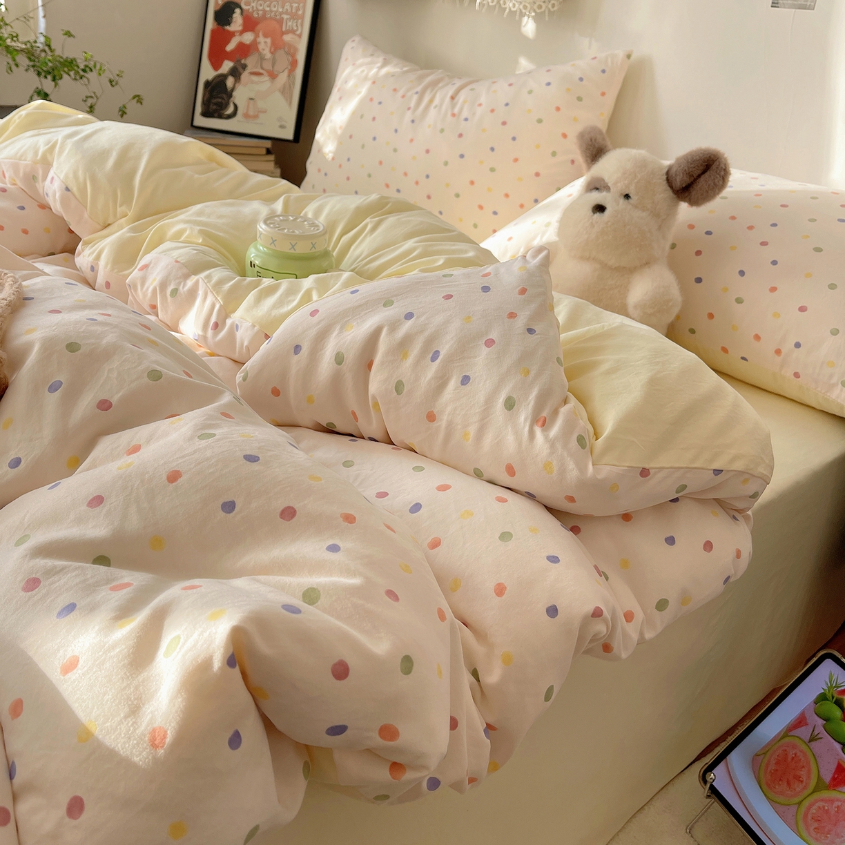 91家纺网 家纺一手货源 找家纺 沐芷 2026 【提供买家秀】A类软糯水洗棉四件套床上宿舍三件套床单被套 圆波点