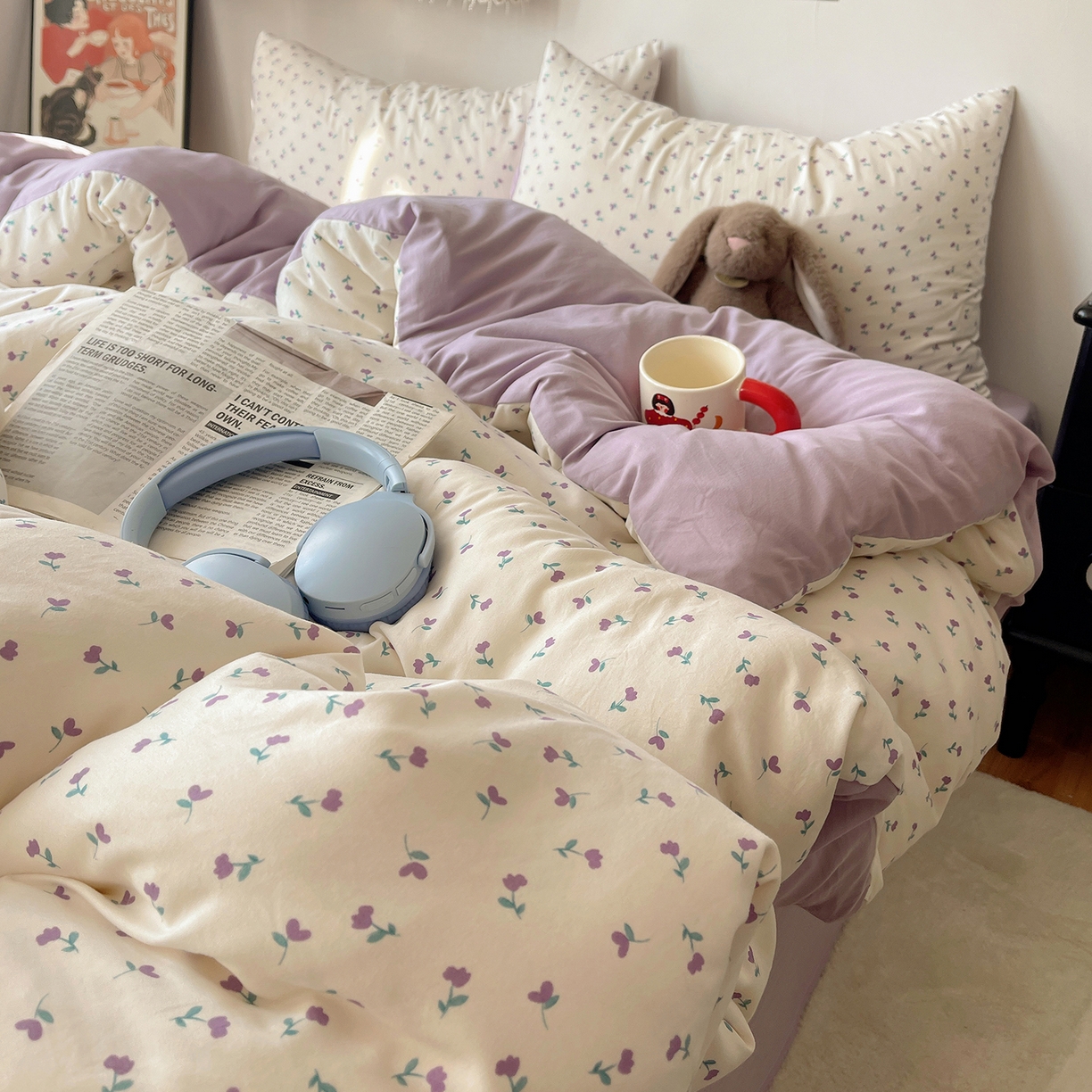 91家纺网 家纺一手货源 找家纺 沐芷 2026 【提供买家秀】A类软糯水洗棉四件套床上宿舍三件套床单被套 紫韵