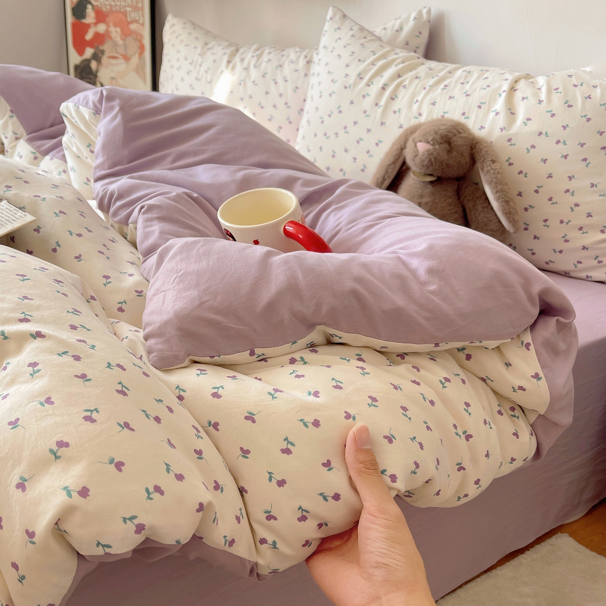 91家纺网 家纺一手货源 找家纺 沐芷 2026 【提供买家秀】A类软糯水洗棉四件套床上宿舍三件套床单被套 紫韵