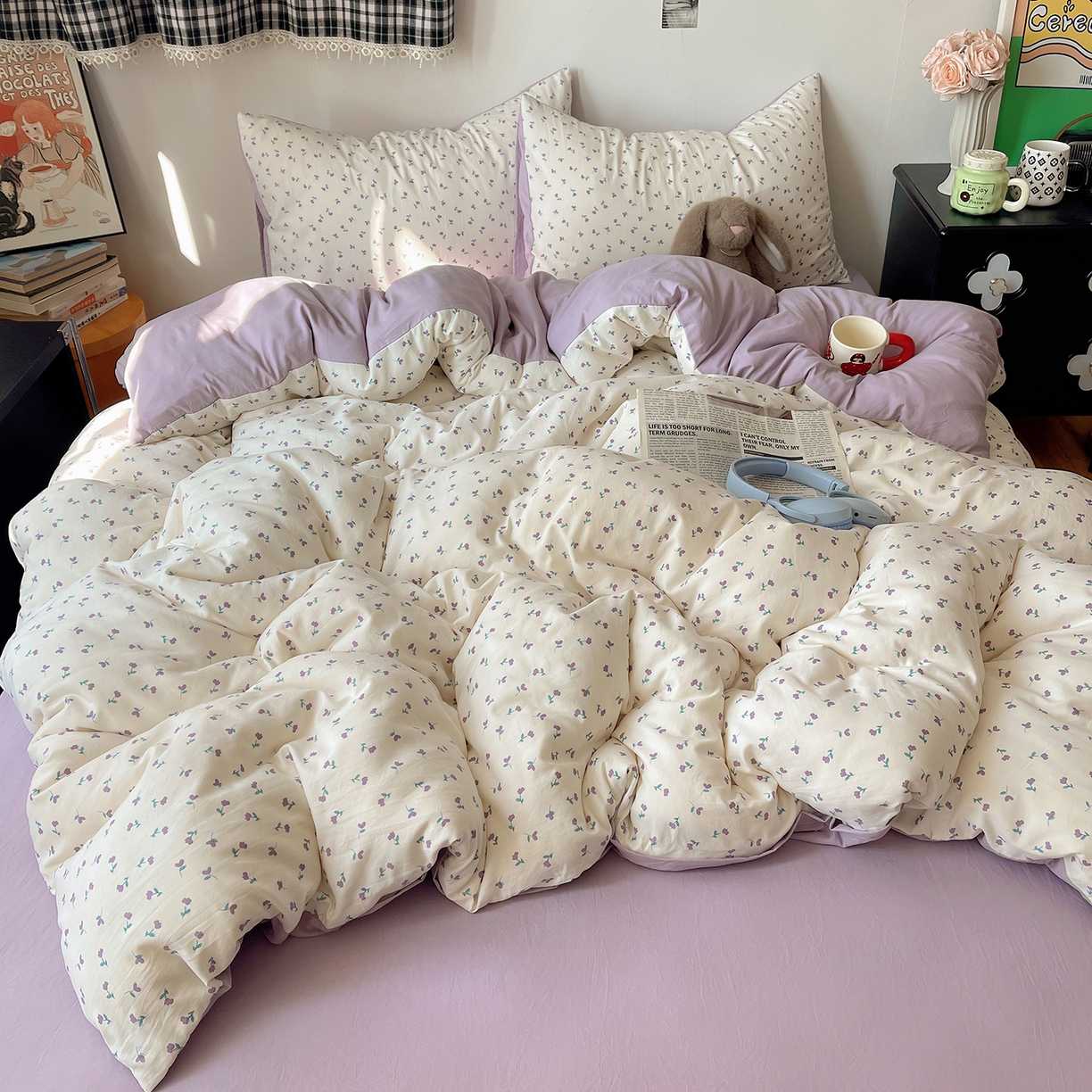 91家纺网 家纺一手货源 找家纺 沐芷 2026 【提供买家秀】A类软糯水洗棉四件套床上宿舍三件套床单被套 紫韵