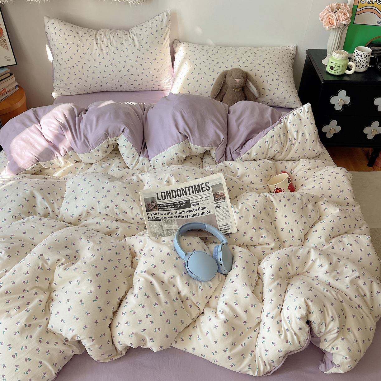 91家纺网 家纺一手货源 找家纺 沐芷 2026 【提供买家秀】A类软糯水洗棉四件套床上宿舍三件套床单被套 紫韵