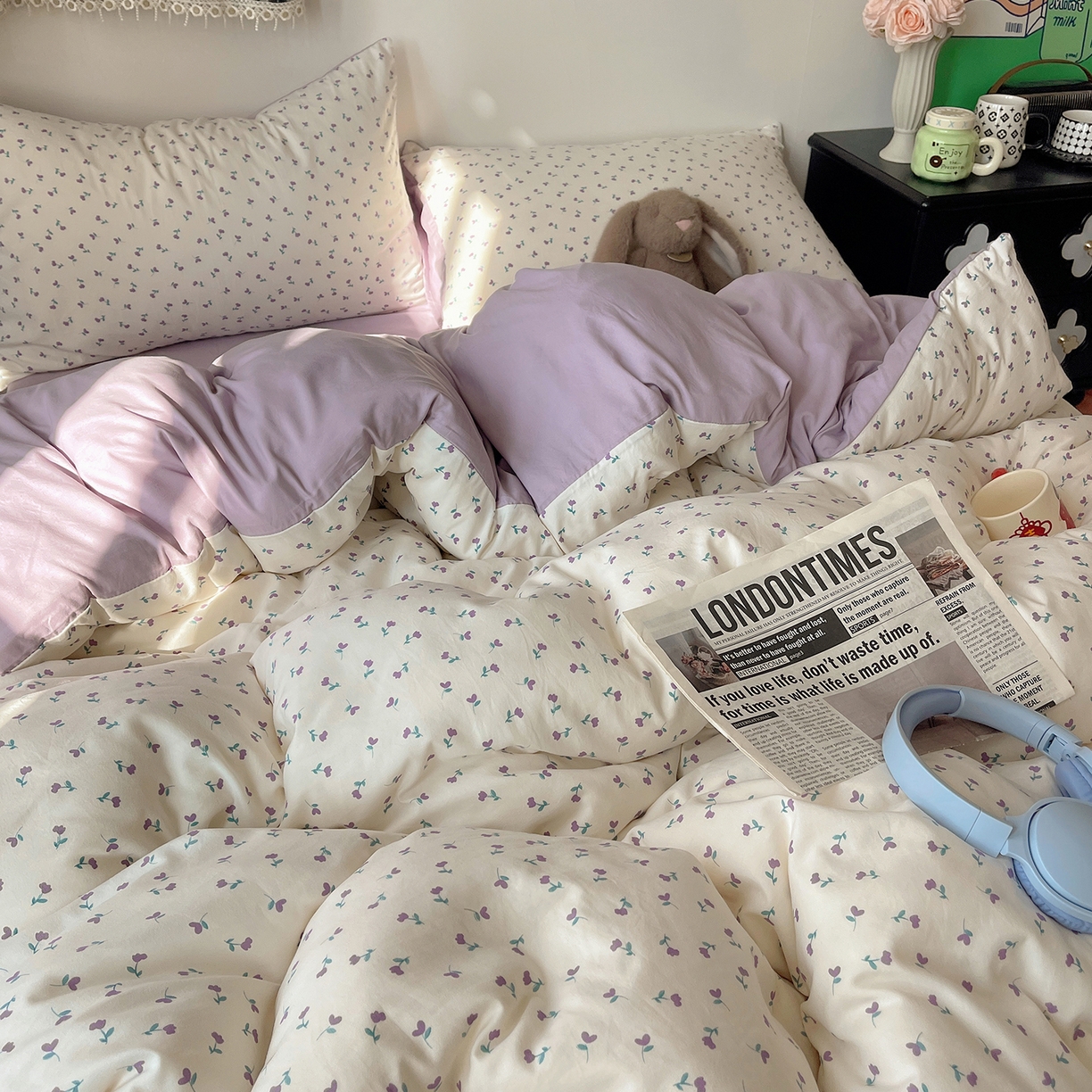 91家纺网 家纺一手货源 找家纺 沐芷 2026 【提供买家秀】A类软糯水洗棉四件套床上宿舍三件套床单被套 紫韵