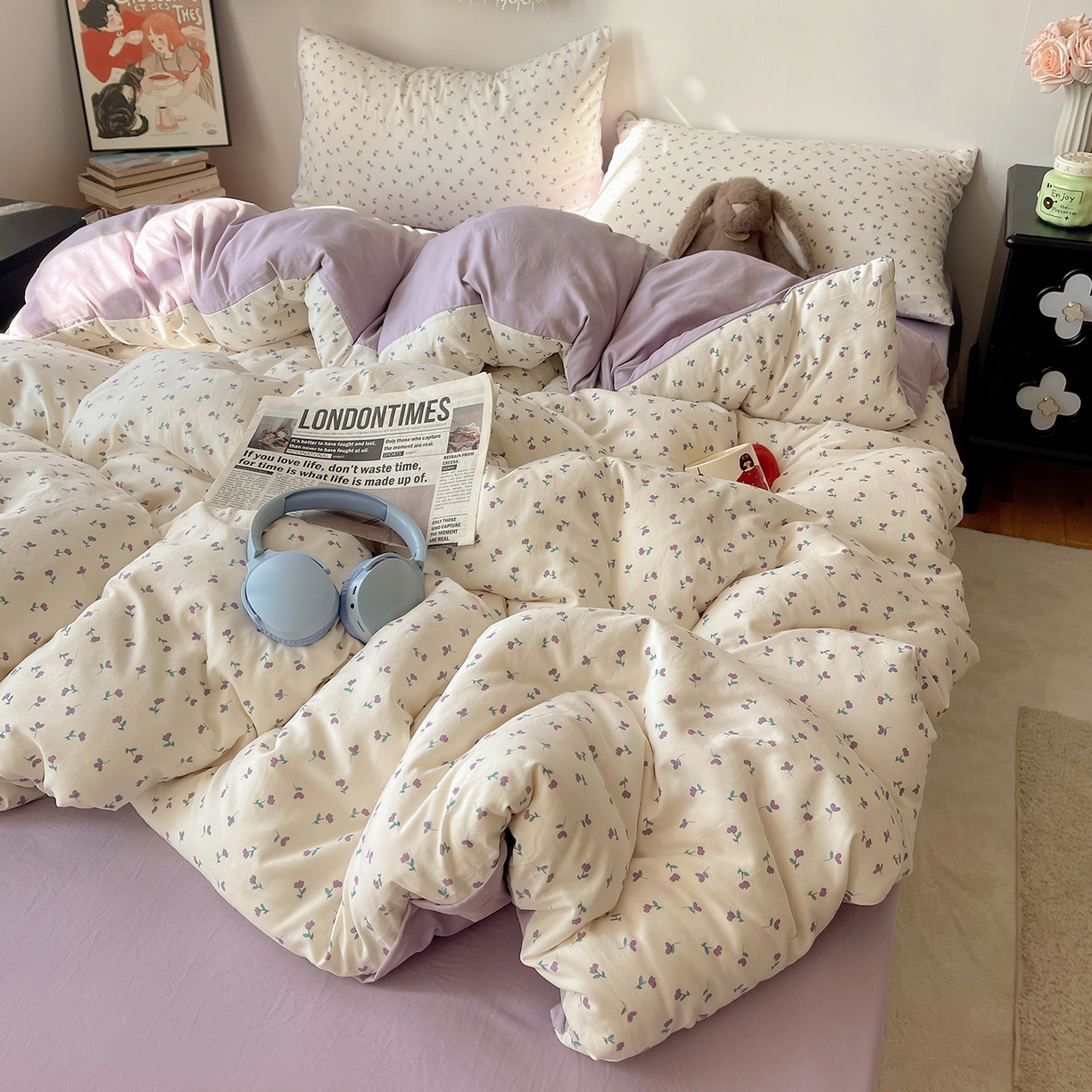 91家纺网 家纺一手货源 找家纺 沐芷 2026 【提供买家秀】A类软糯水洗棉四件套床上宿舍三件套床单被套 紫韵