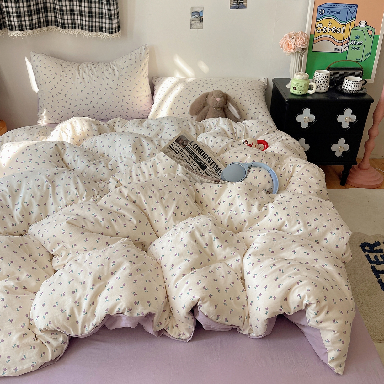 91家纺网 家纺一手货源 找家纺 沐芷 2026 【提供买家秀】A类软糯水洗棉四件套床上宿舍三件套床单被套 紫韵