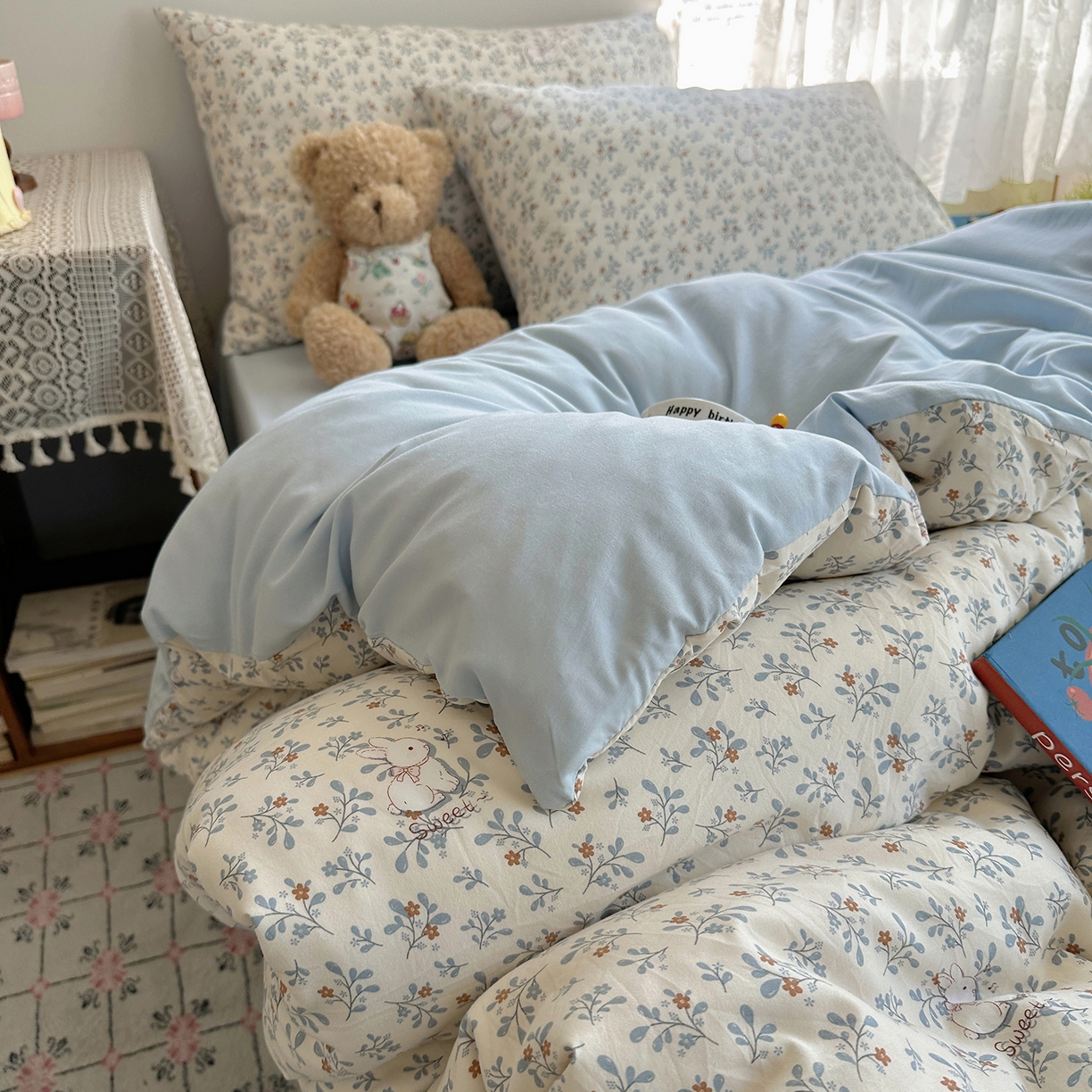 91家纺网 家纺一手货源 找家纺 沐芷 2026 【提供买家秀】A类软糯水洗棉四件套床上宿舍三件套床单被套 安妮的兔