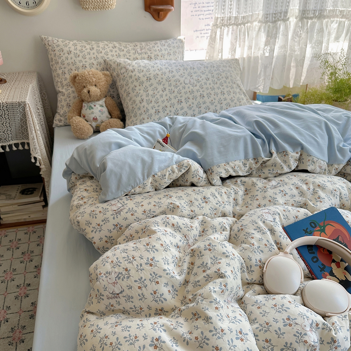 91家纺网 家纺一手货源 找家纺 沐芷 2026 【提供买家秀】A类软糯水洗棉四件套床上宿舍三件套床单被套 安妮的兔